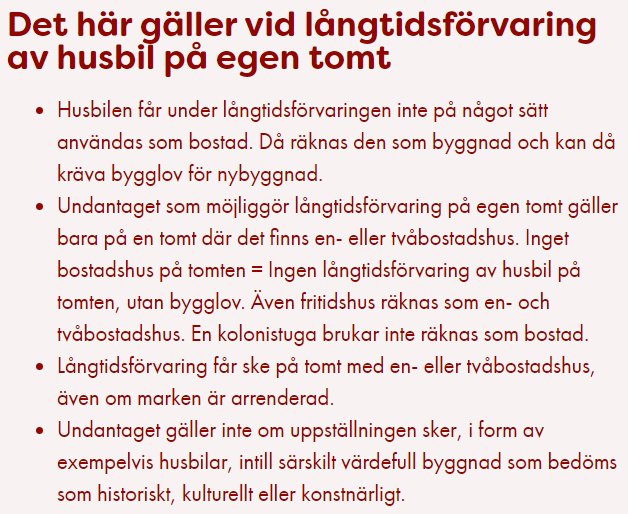 Textdokument med regler för långtidsförvaring av husbil på egen tomt, inklusive bygglovsfrågor.