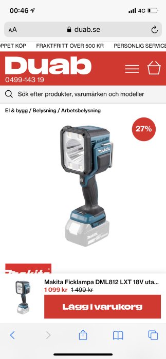 Makita DML812 LED arbetsbelysning på rea för 1099 kr visas på en webbshopssida.