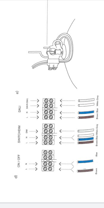 Schematisk illustration av elinstallation, visar olika kabelkopplingar till strömbrytare.