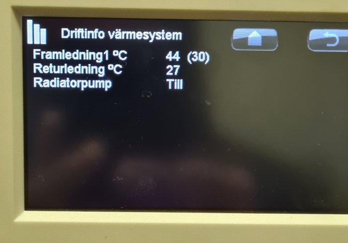 Värmesystemskontroll som visar framledningstemperatur på 44 grader och returledning på 27 grader.