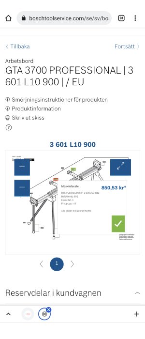 Explosionsvy av Bosch GTA 3700 arbetsbordet med priset 850,53 kr samt länkar till produktinformation.