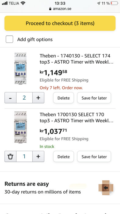 Skärmbild av en onlinekundvagn från Amazon med tre Theben ASTRO Timer-enheter till priser lägre än i svenska butiker.
