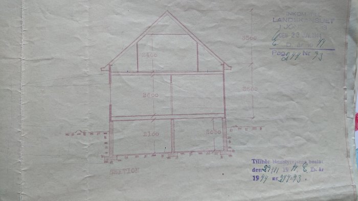 Gammal ritning av ett hus i snitt med måttangivelser och strukturella markeringar, inklusive en takkonstruktion.