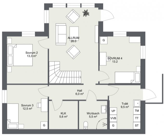 Arkitektritning av en husplan för en sluttningstomt med markerade rum och mått.