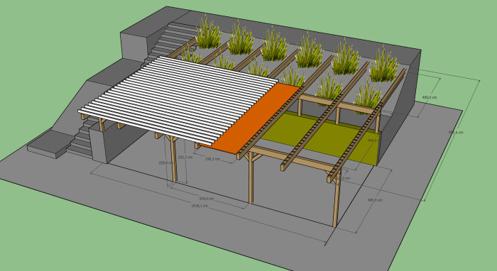 3D-modell av carport med trästomme, stolpar och ribbtak samt betongmur och växtlighet på slänt.