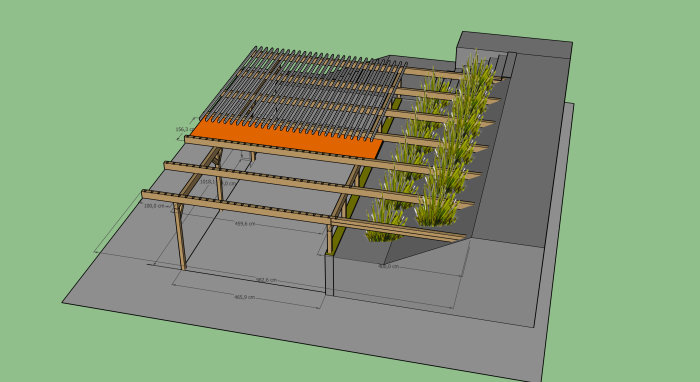 3D-modell av tänkt carport med trästomme, stolpar och ribbtak mot en grön bakgrund.