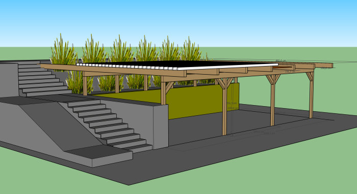 3D-rendering av en planerad carport med trästomme, stolpar, ribbtak och betongmur vid en slänt.