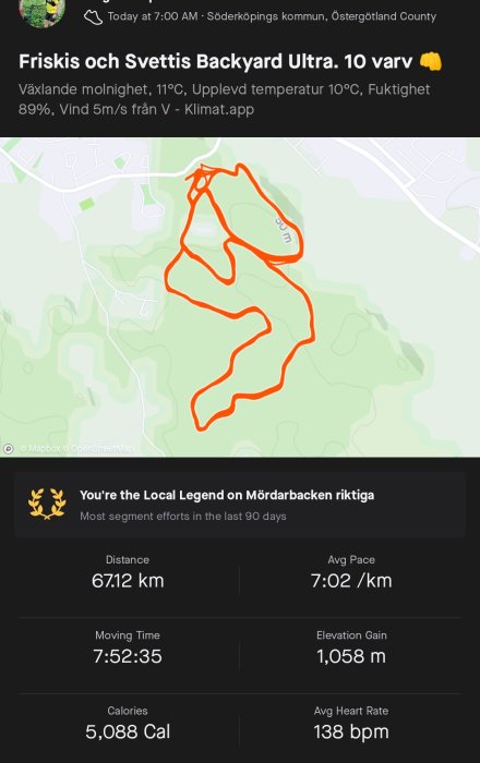 Kartspår över löprunda från aktivitetsapp med statistik: 67.12 km distans, 1,058 m höjdökning, 5,088 kalorier.