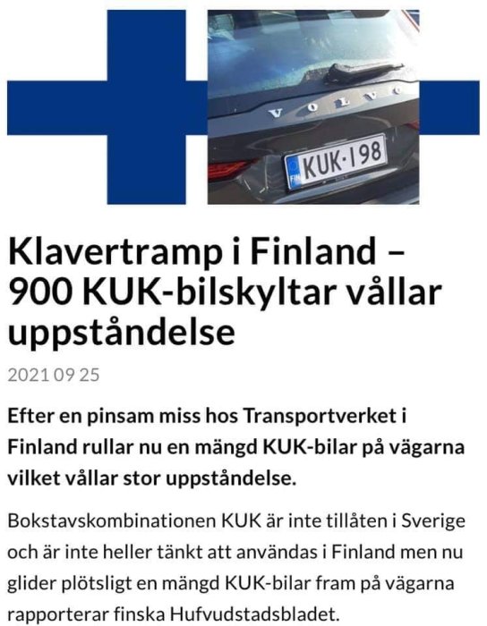 Finsk registreringsskylt på bil med texten "KUK-198" och Finlands flagga.