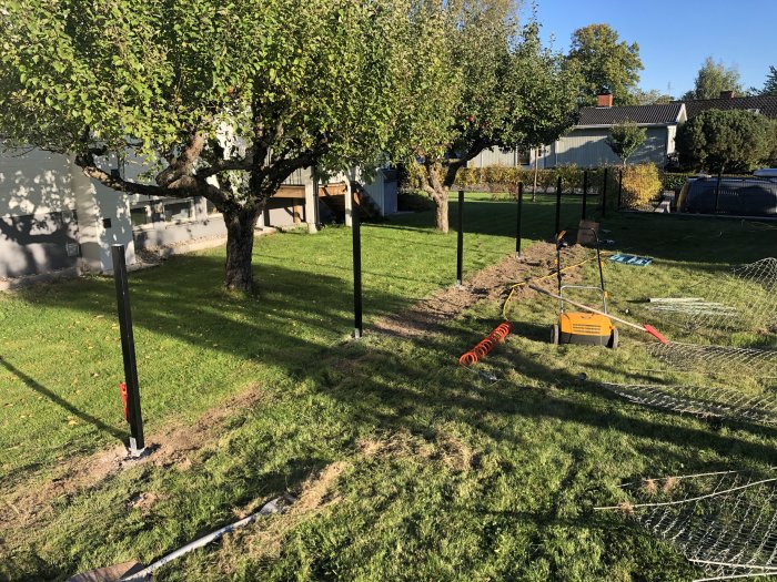 Trädgård med nyinstallerade stolpar för staket, vertikalskärare och rivet nätstängsel på gräsmatta.