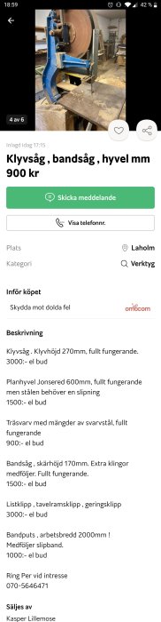 Stor bandsåg i ett verkstadsutrymme.