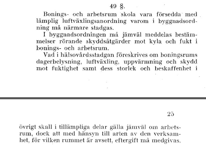 Fotografi av en text från 1931 års byggnadsstadga om bostads- och arbetsrums krav.