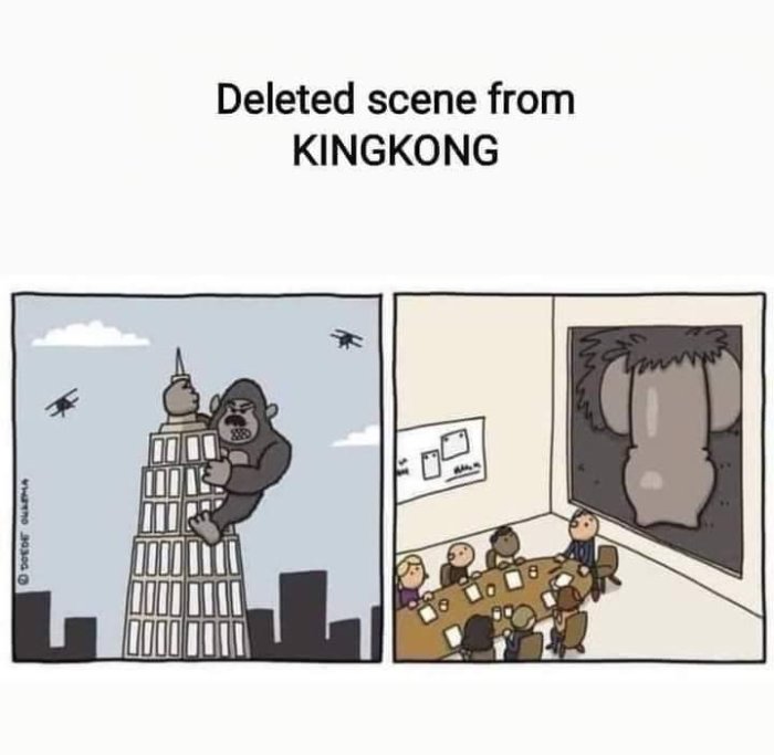 Illustration av en raderad scen från King Kong där apan klättrar på byggnad och det syns genom fönstret.