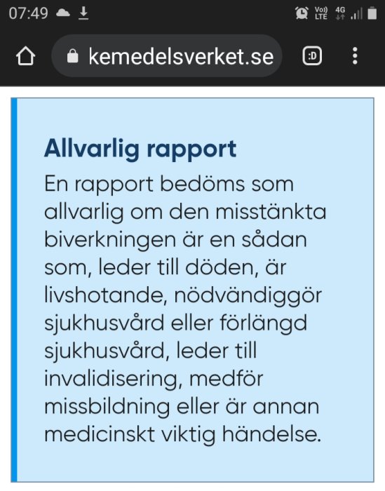 Skärmdump av Läkemedelsverkets definition av allvarlig biverkning på hemsidan.