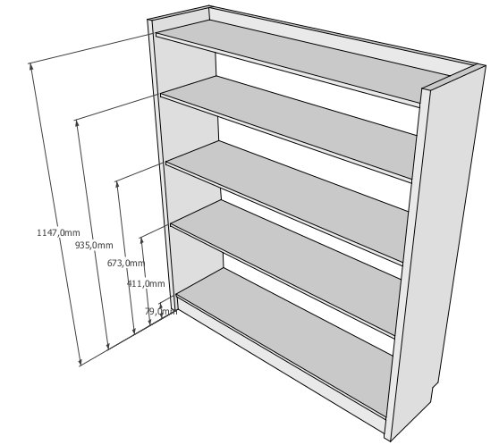 Digital skiss av en bokhylla under konstruktion med dimensioner angivna.