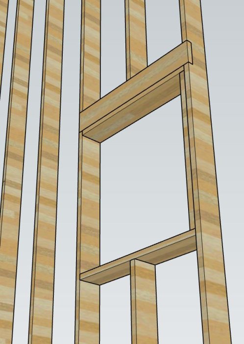 3D-modell av en väggstomme i SketchUp med reglar och en injackad 45x195 träregel som avväxling runt ett fönsteröppning.