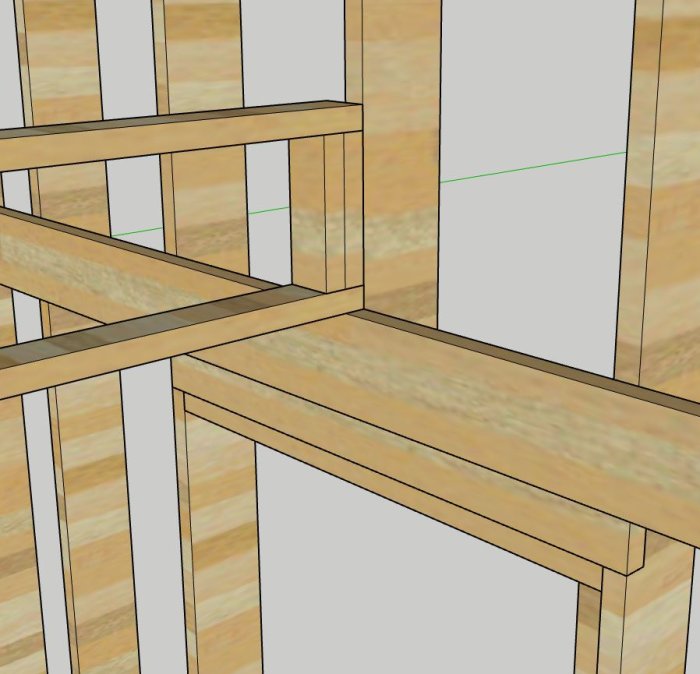 3D-SketchUp-modell av trästomme med injackad avväxling kring fönsteröppning.