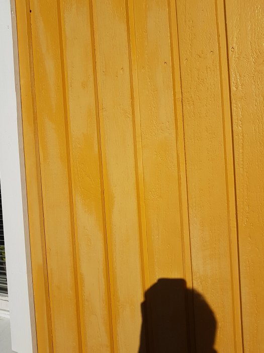 Guldockrafärgade träpaneler på husfasad med tecken på kritning och slitage, skugga av en person synlig.