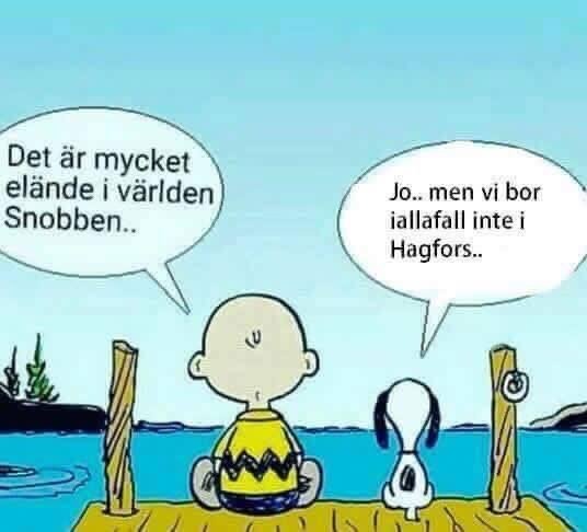 Tecknade karaktärer Snobben och Charlie Brown sittande på en pir, med pratbubblor om livets bekymmer.