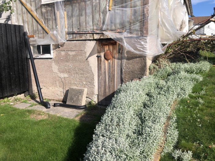 Del av hus under renovering med plasttäckning och en öppen källardörr som leder ner till ett gammalt pannrum.