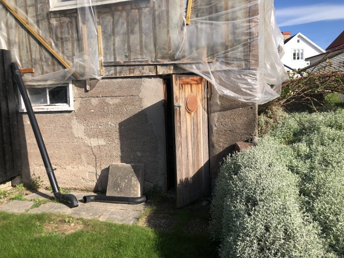 Gammalt pannrum under renovering med trädörr och betongväggar, omgivet av grönska och en dammsugare utanför.