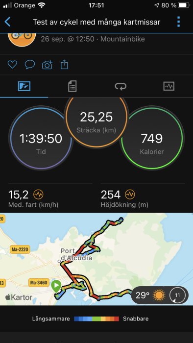 Skärmdump av cykeldata visar tid, sträcka, kalorier, fart och höjdökning med rutt på karta.