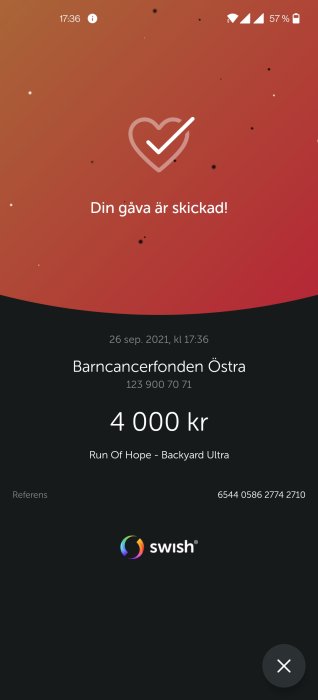 Swish-bekräftelse för en donation på 4 000 kronor till Barncancerfonden Östra.