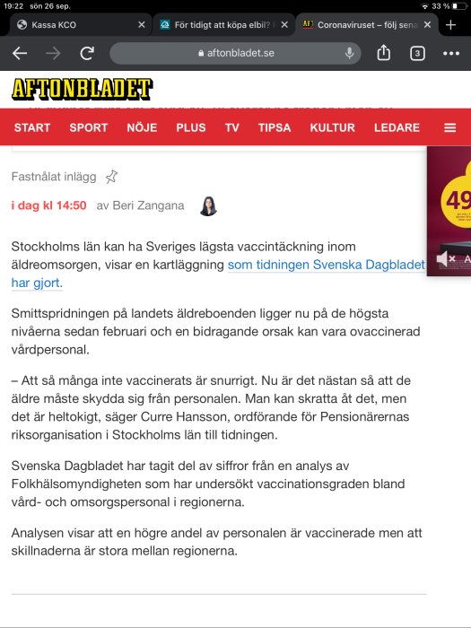 Skärmdump från Aftonbladet med artikel om låg vaccinationstäckning i Stockholms län.