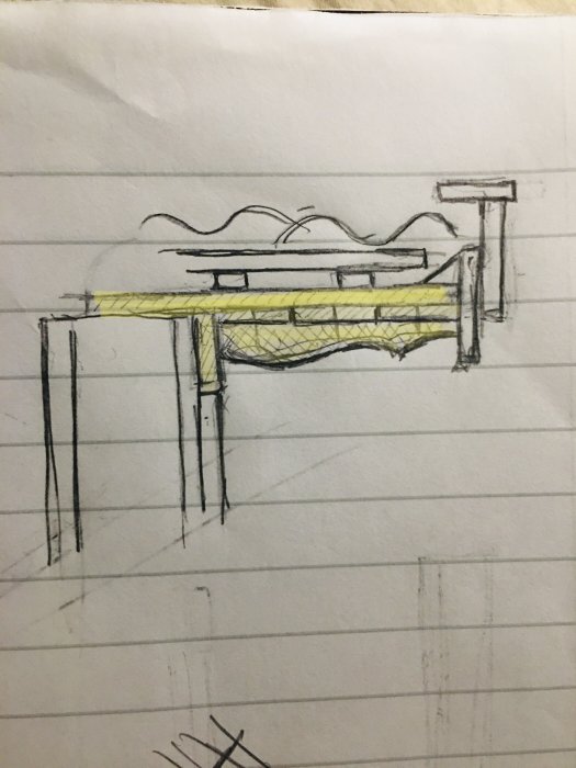 Handritad skiss av takkonstruktion med råspont, underliggande panel, och taktassar.