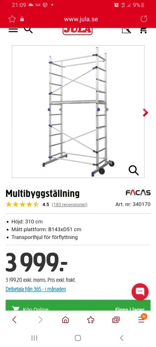 Multibyggnadsställning visas på Jula webbplatsen, 310 cm hög med hjul för förflyttning.