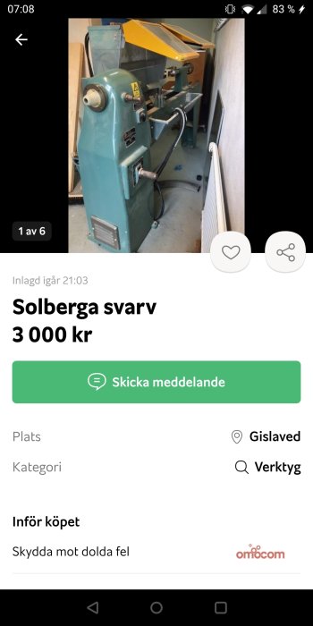 Begagnad Solberga svarv i blått och gult i en verkstadsmiljö, till salu för 3 000 kr.