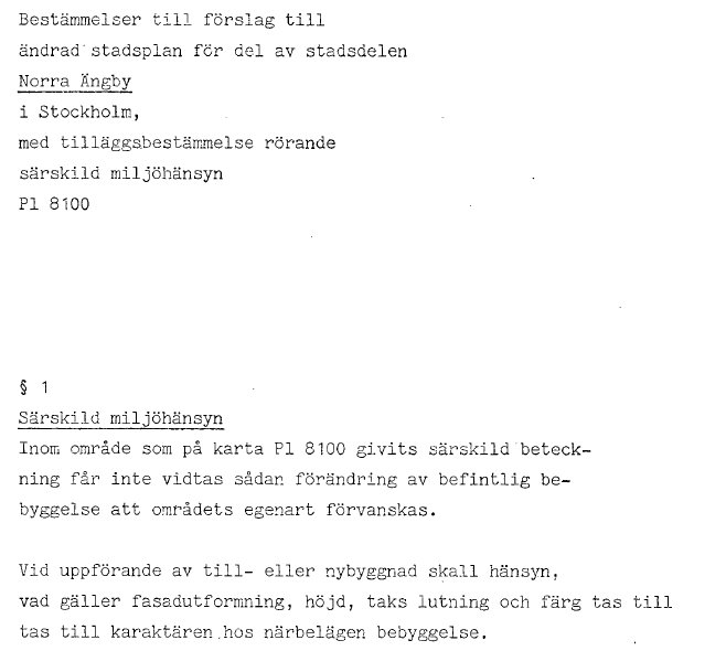 Bilddokument av en text om bestämmelser för ändrad stadsplan för Norra Ängby, Stockholm, diarienummer Pl 8100.