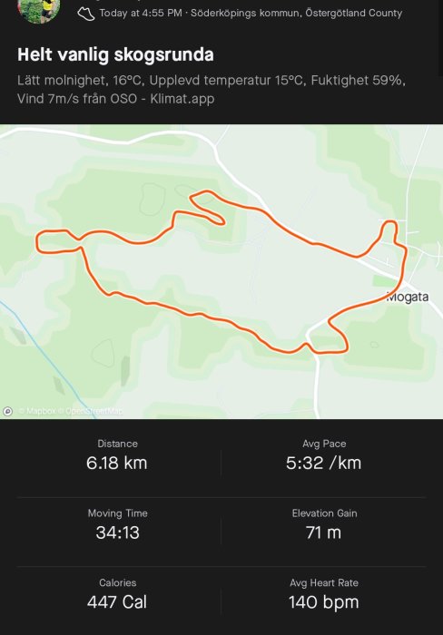 Skärmavbild från aktivitetsapp som visar karta över löprunda på 6.18 km i skogsmiljö, statistik för tiden och prestation.