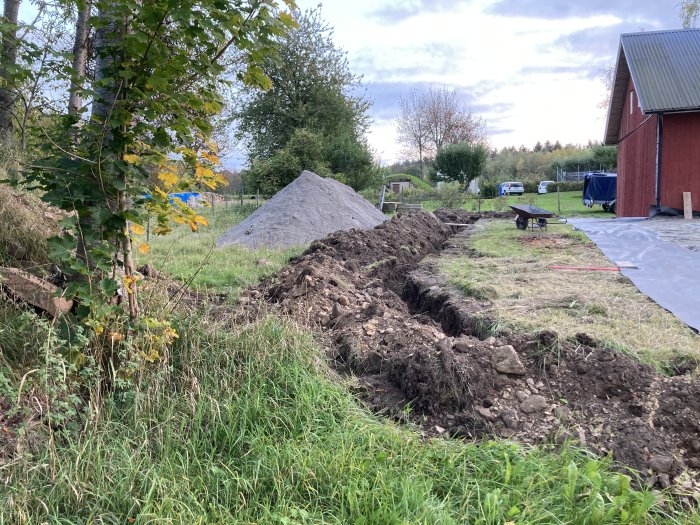 Grävt dike runt område med invasiva parkslideplantor, täckt med plast och en hög stenmjöl i bakgrunden.