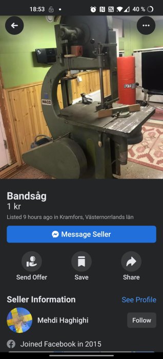 Stor bandsåg annonserad för 1 kr på Facebook Marketplace, placerad i verkstadsrum.