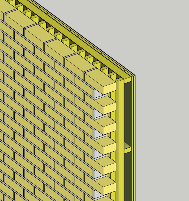 Illustration av en husväggs konstruktion från 1954 med tegel, luftspalt, reglar, papp, laxåplatta, diffusionspapp och panel.