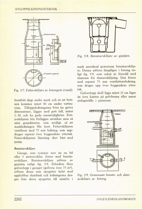 Schematiska ritningar av fettavskiljare i betongrör och bensinavskiljare i gjutjärn.