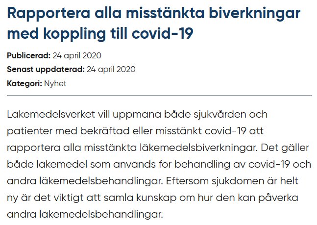 Skärmdump från Läkemedelsverket med uppmaning att rapportera biverkningar kopplade till covid-19.