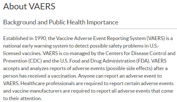 Textsida som beskriver Vaccine Adverse Event Reporting System (VAERS) och dess samarbetspartners CDC och FDA.