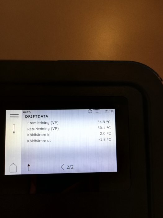 Driftdata på displayen av en Thermia bergvärmepump som visar temperaturvärden.
