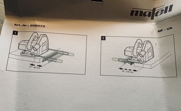 Illustration av Mafell MF-UA underanslag och KSS60-anslag för klyvning av olika materialbredder.