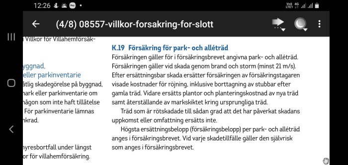 Skärmdump av försäkringsvillkor för park- och alléträd med text om ersättningsregler.