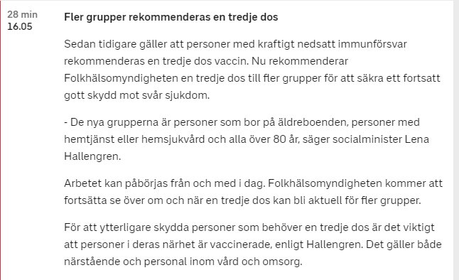 Skärmdump av en nyhetsartikel om rekommendation av tredje dos vaccin för vissa grupper, inklusive citat från socialminister.