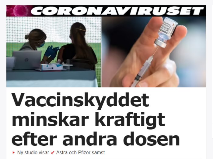 Skärmdump från nyhetsartikel om vaccinskydd, visar två bilder: personal som administrerar vaccin och en närbild av en hand som håller en spruta och vaccinflaska.