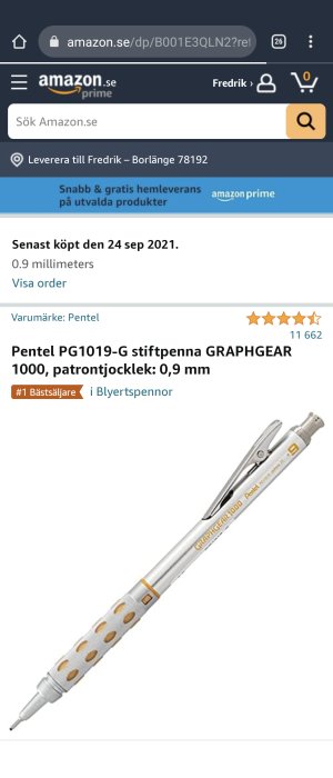 Pentel PG1019-G stiftpenna på en Amazon produktannons med betyg och titeln "Bästsäljare i Blyertspennor".