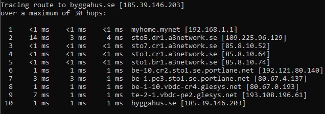 Skärmbild av en traceroute-kommando i terminalen som visar nätverkspaketets väg till byggahus.se.