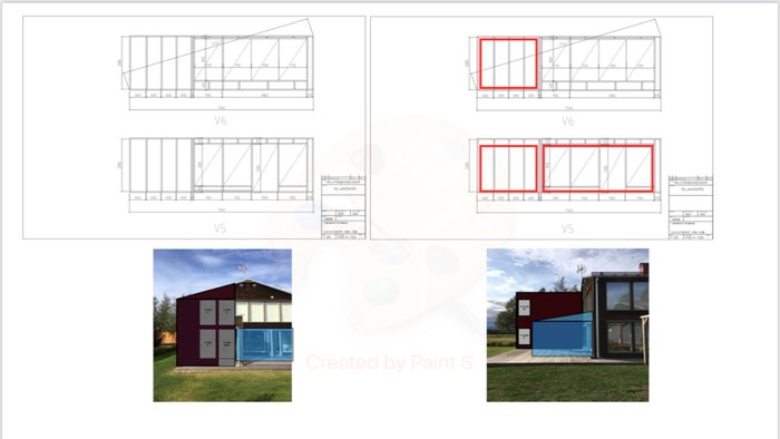 Byggritningar och två bilder av ett fritidshus, ritningar markerade med rött för planerad utbyggnad, hus med synlig gavelspets.