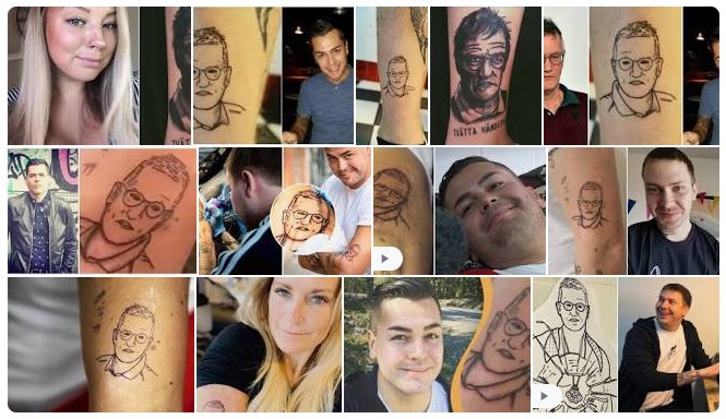 Collage med olika människor som visar upp tatueringar föreställande samma person.