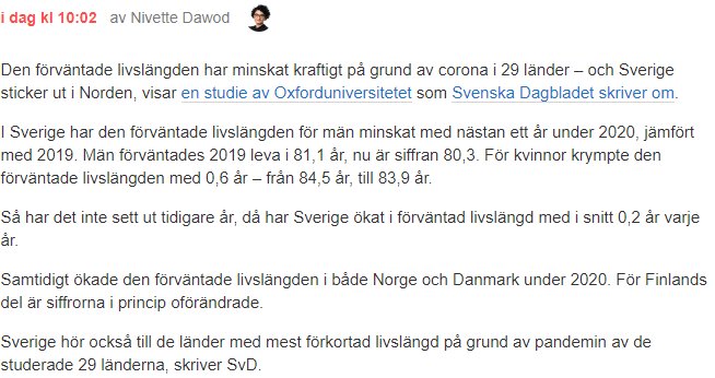 Skärmdump av en nyhetsartikel som diskuterar minskad livslängd i Sverige på grund av covid-19 enligt studie från Oxforduniversitetet.