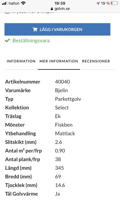 Skärmdump av produktspecifikation för Bjelin stavparkett i ek med fiskebensmönster och mattlack.